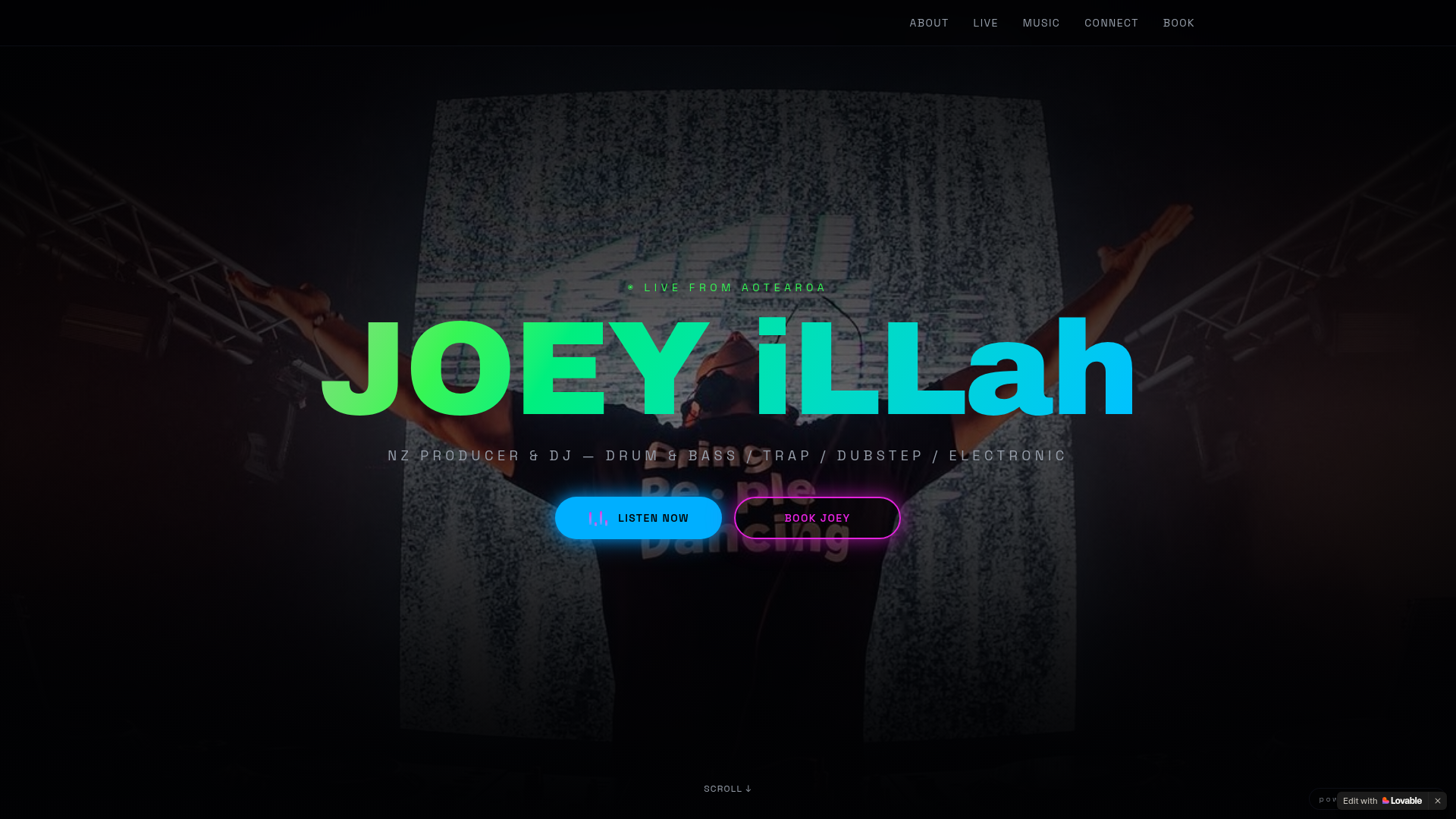 Screenshot of Joey iLLah Live, a dynamic artist portfolio site