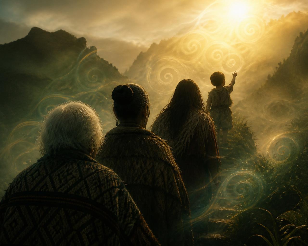 Four generations of a Māori whānau moving together toward a warm golden light, with koru spirals woven through the scene